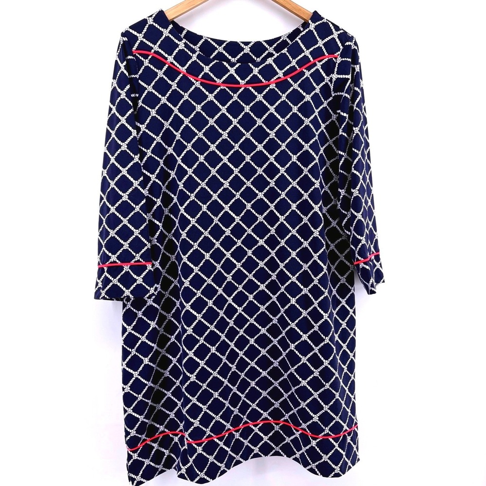 Lands End‎ Womens Navy Rope Lattice Shift Dress Petite Large 3/4 Sleeve Nautical